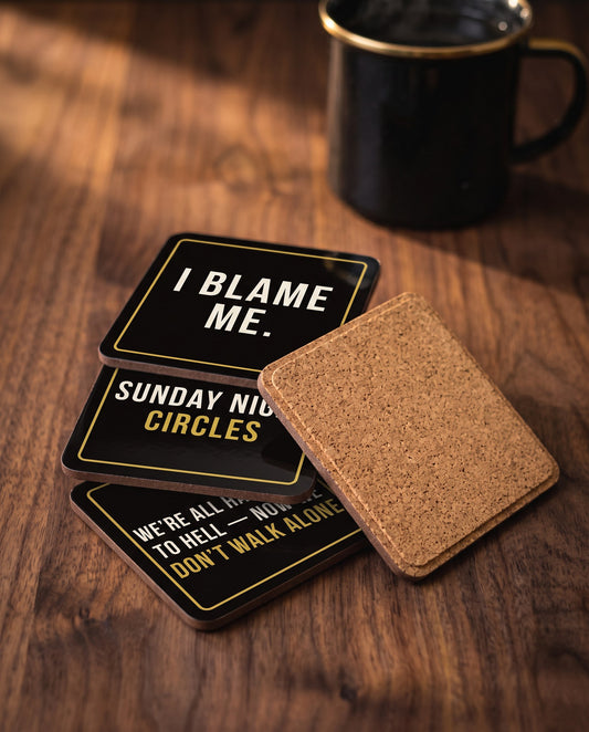 Sunday Night Circles Coasters — stack of four cork-back coasters