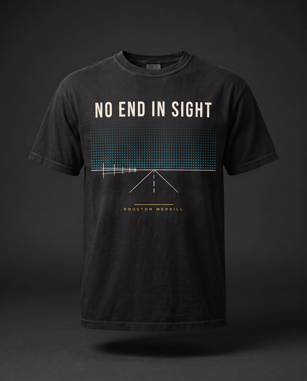 No End In Sight Horizon Tee — front, black Comfort Colors tee with big-sky halftone horizon
