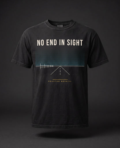 No End In Sight Horizon Tee — front, black Comfort Colors tee with big-sky halftone horizon