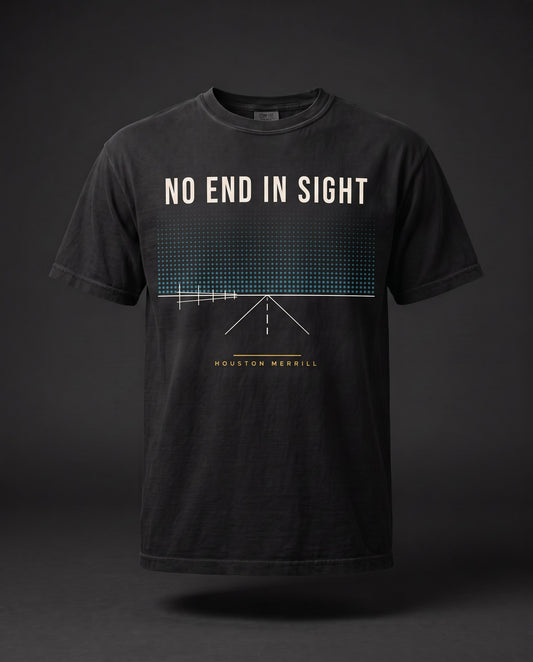 No End In Sight Horizon Tee — front, black Comfort Colors tee with big-sky halftone horizon